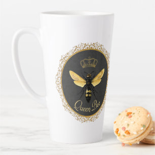 Tasse Latte Élégante Reine Abeille Grise Or Jaune Française