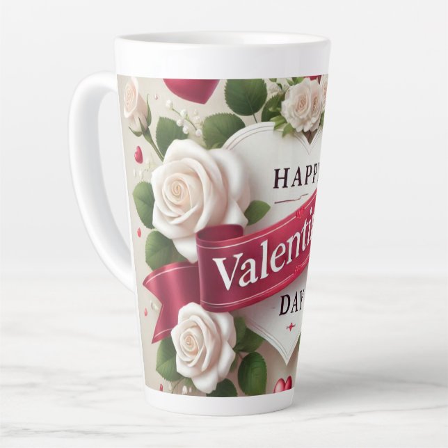 Tasse Latte Elégante Saint Valentin Design avec Roses, Coeurs (Angle gauche)