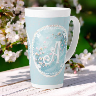 Tasse Latte Élégantes Initiales Fleur de Cerisier Turquoise Ro