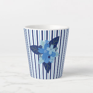 Tasse Latte Élégantes rayures florales monochromatiques bleu