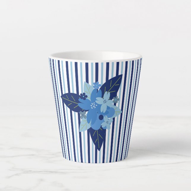 Tasse Latte Élégantes rayures florales monochromatiques bleu (Devant)