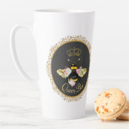 Tasse Latte Élégantes roses roses Reine abeille grise or
