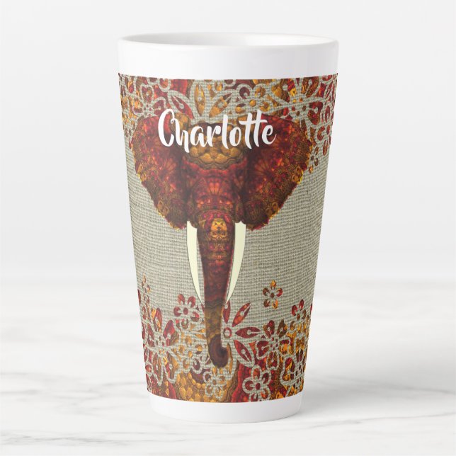 Tasse Latte Eléphant Orné Couleurs Rustiques Personnalisées (Devant)