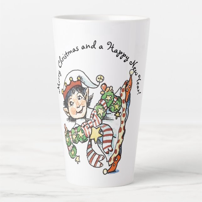 Tasse Latte Elfe heureux mignon dansant, dessin animé de Noël  (Devant)
