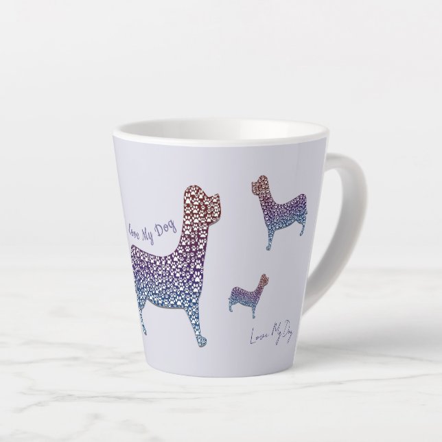 Tasse Latte Embossed Indigo Gradient Paw Print Dog Outline (Angle droit)
