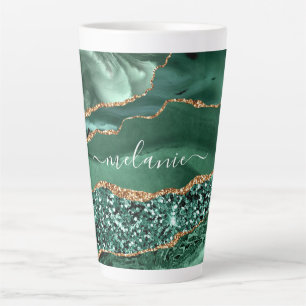 Tasse Latte Emerald Green Gold Marble Nom personnalisé Latte M