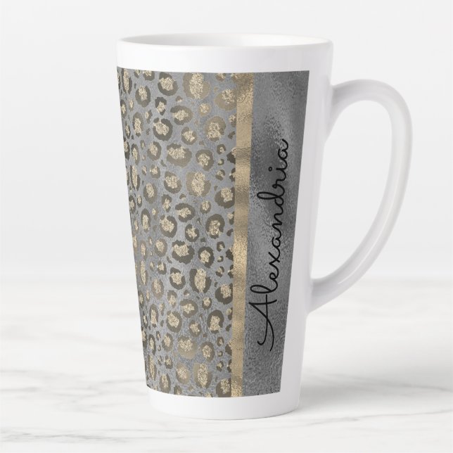 Tasse Latte Empreinte de léopard Glittery sur Glossy Grey (Droite)