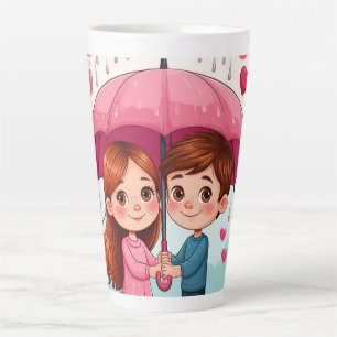 Tasse Latte Enfants sous un parapluie rose avec cœur qui tombe