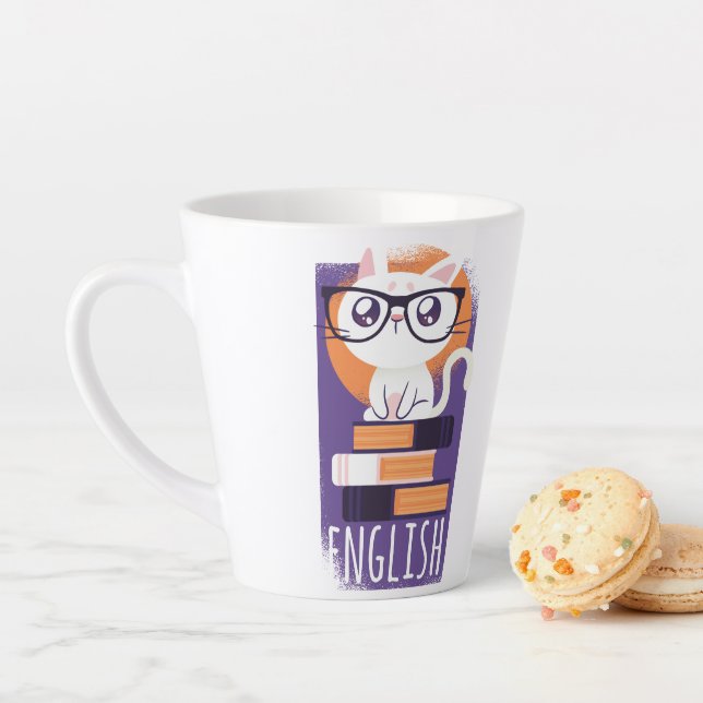 Tasse Latte ENSEIGNANTS ANGLAIS Cadeau - Cute Kawaii Chat Purp (En situation)
