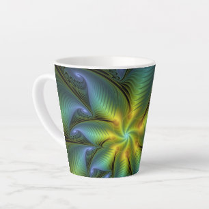 Tasse Latte Etoile Abstraite, Bleu brillant Vert Or Fractal Ar