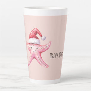Tasse Latte Étoile de mer rose joyeuse chapeau de Père Noël
