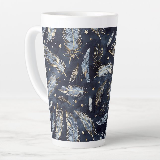Tasse Latte Étoiles Plumes Or Bleu (Angle gauche)