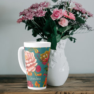 Tasse Latte Étonnant rose fleuri orange et turquoise