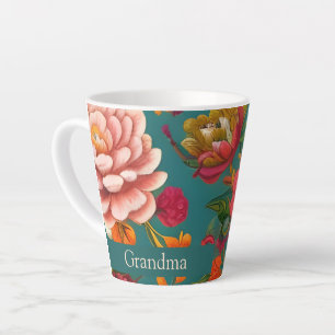 Tasse Latte Étonnant rose fleuri orange et turquoise