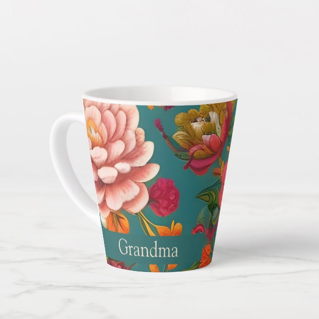 Tasse Latte Étonnant rose fleuri orange et turquoise (Angle gauche)
