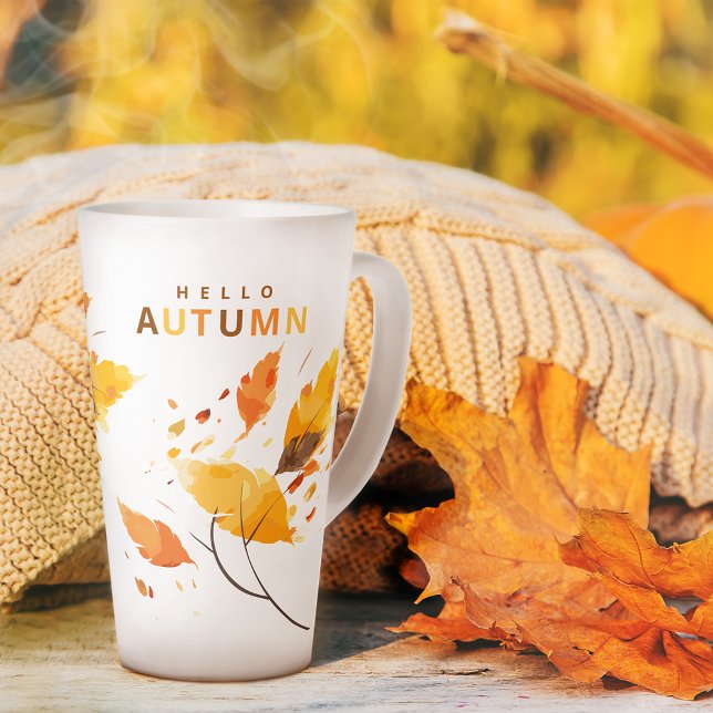 Tasse Latte Fall In Love Bonjour Automne Orange Feuille Latte  (Créateur téléchargé)