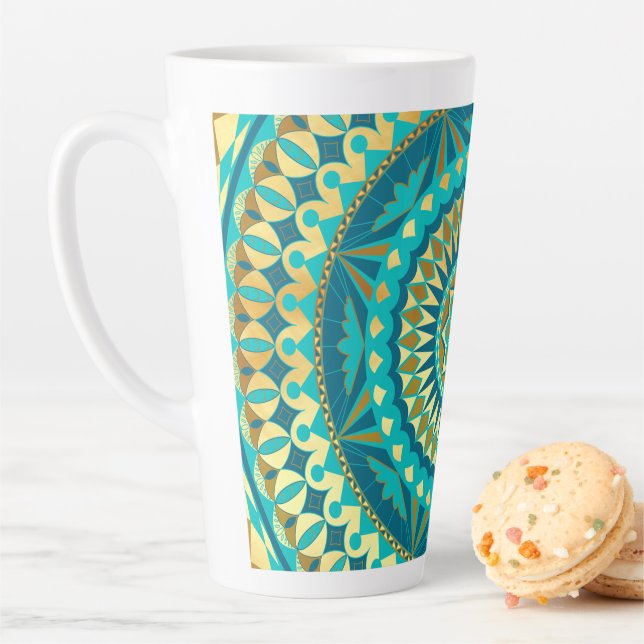 Tasse Latte Fantaisie Mandala Bleu Or (En situation)