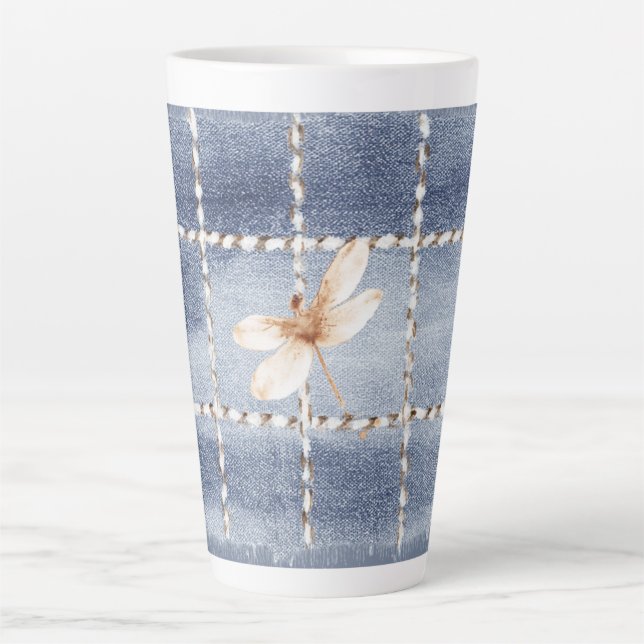 Tasse Latte Faux Denim Blue Jean Café Crème Libellule (Devant)