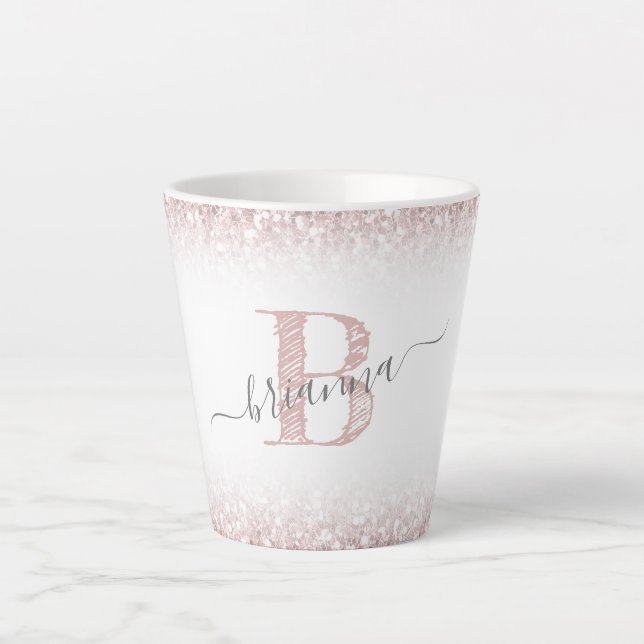 Tasse Latte Faux Rose Gold Rose Parties scintillant Monogramme (Devant)