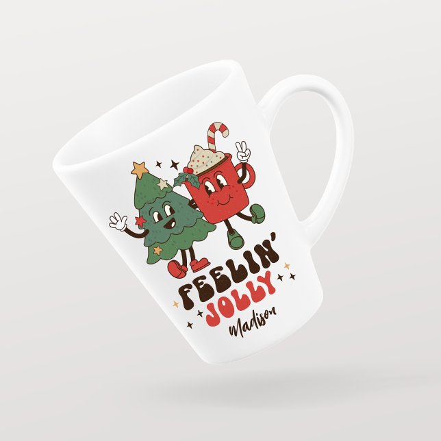 Tasse Latte Feelin' Jolly Fêtes de Noël Funny Retro Nom (Créateur téléchargé)