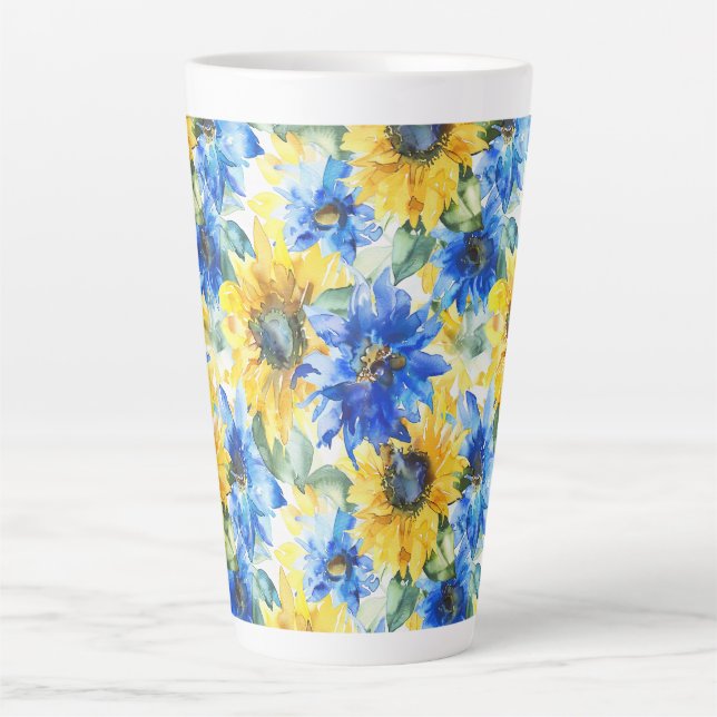 Tasse Latte Fête de mariage Fleurs Jaunes Bleues (Devant)