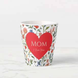 Tasse Latte Fête des Mères ,Je T'Aime, Motif Fleurs,Cœur d'Amo