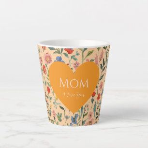 Tasse Latte Fête des Mères,Je T'Aime,Motif Fleurs,Cœur d'Amour