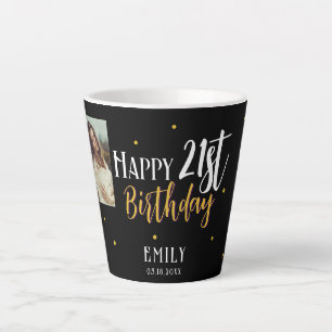 Tasse Latte Fête élégante de 21 ans avec feuillage doré pour p