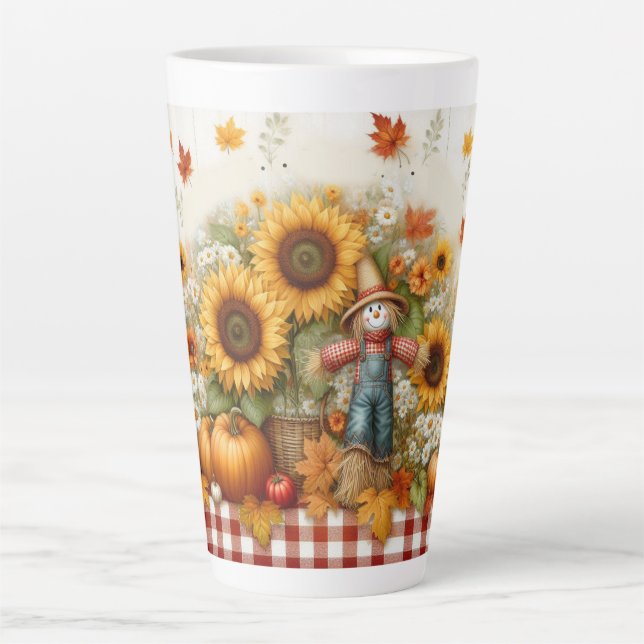 Tasse Latte Feuillage d'automne et épouvantail avec tournesol (Devant)
