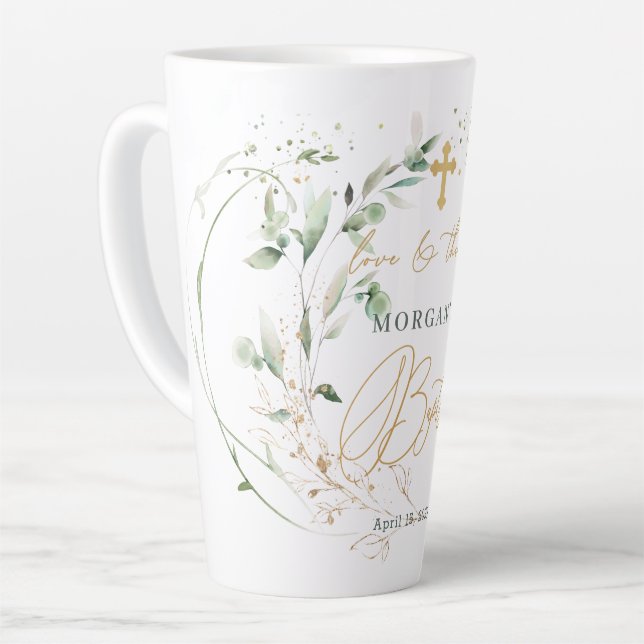 Tasse Latte Feuillage d'or vert, Croix, Baptême Confetti  (Angle gauche)