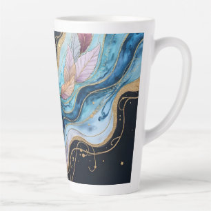 Tasse Latte Feuilles colorés d'aquarelle sur bleu