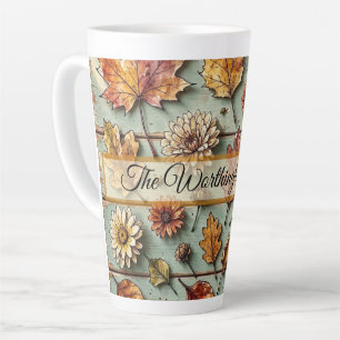 Tasse Latte Feuilles d'automne à l'aquarelle et bois rustique