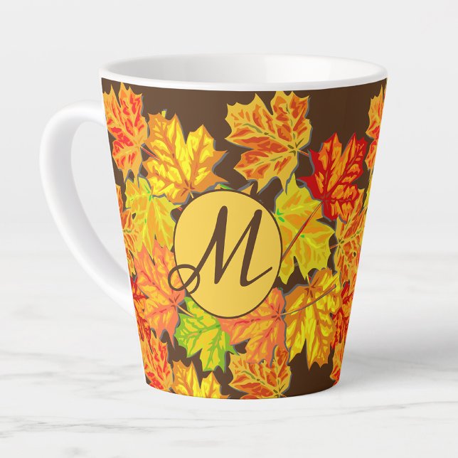 Tasse Latte Feuilles d'automne personnalisées Monogramme Latte (Créateur téléchargé)