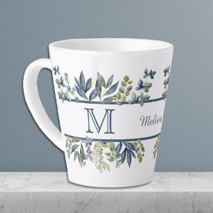 Tasse Latte Feuilles de Bleu Indigo Bordure Monogramme