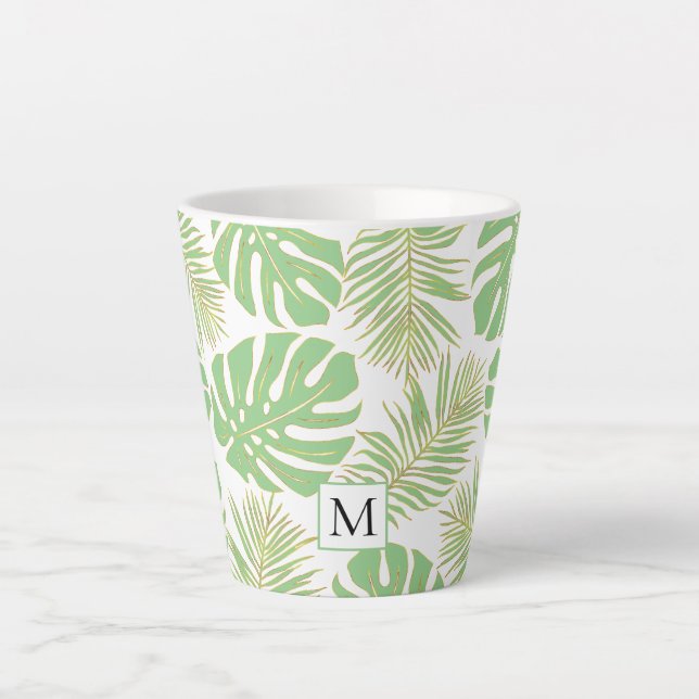 Tasse Latte Feuilles et monogramme de sauge tropicale vert et  (Devant)