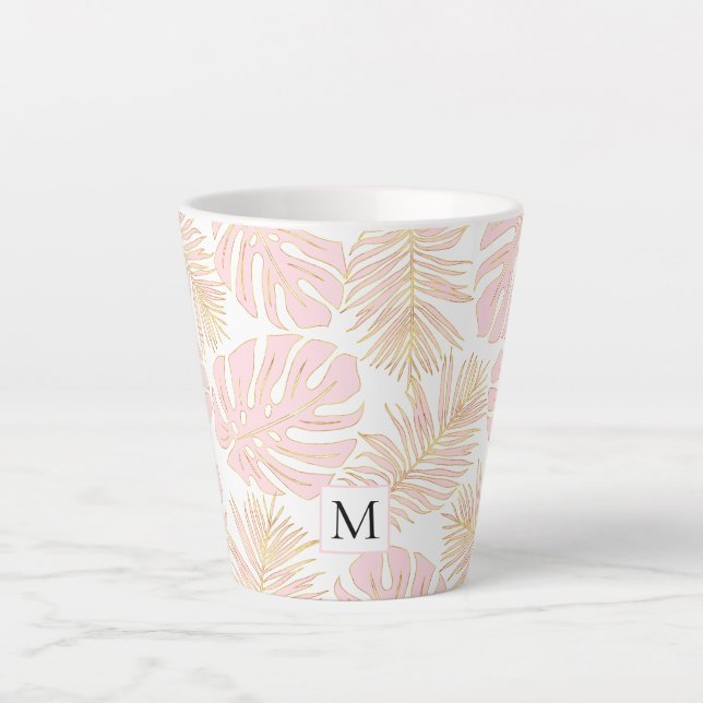 Tasse Latte Feuilles et monogramme rose et or (Devant)