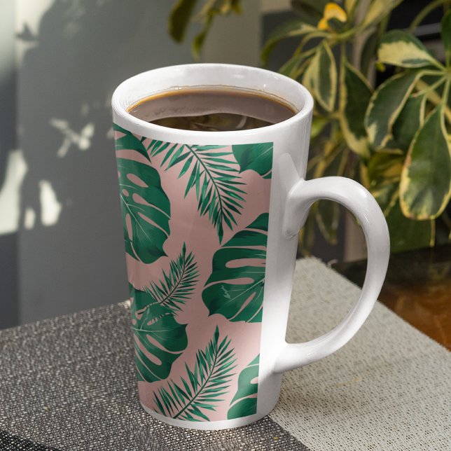Tasse Latte Feuilles Pink & Green Palm sans couture Motif (Créateur téléchargé)