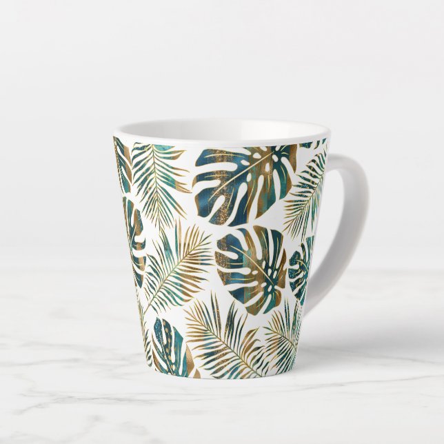 Tasse Latte feuilles tropicaux turquoises et dorés (Angle droit)