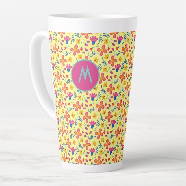 Tasse Latte Fiesta jaune Floral Customisé initial (Angle gauche)