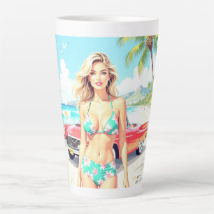 Tasse Latte Fille à la plage avec une voiture classique