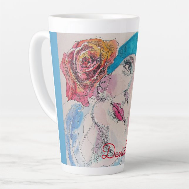 Tasse Latte Fille avec Rose Rouge Beret Aquarelle Florale Fleu (Angle gauche)