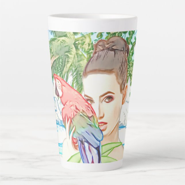 Tasse Latte Fille avec un perroquet (Devant)