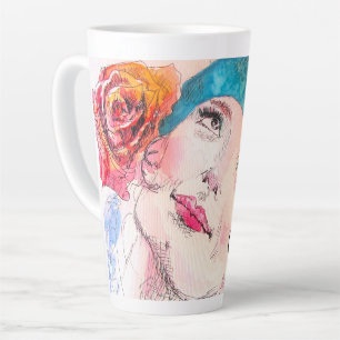 Tasse Latte Fille Femme Rose Aquarelle Béret Aqua Rose Télépho