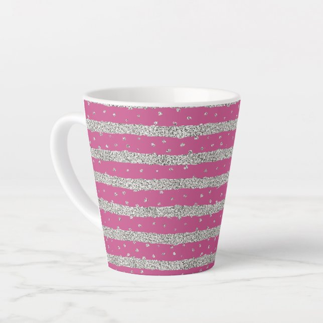 Tasse Latte Fille Rose Argent Sparkly Confetti Stripes (Angle gauche)