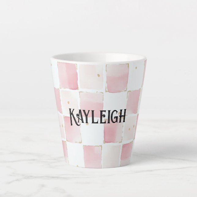 Tasse Latte Fille Rose Blanc Chic Carrés (Devant)
