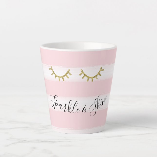 Tasse Latte Fille rose rayures Parties scintillant or Eyelashe (Devant)