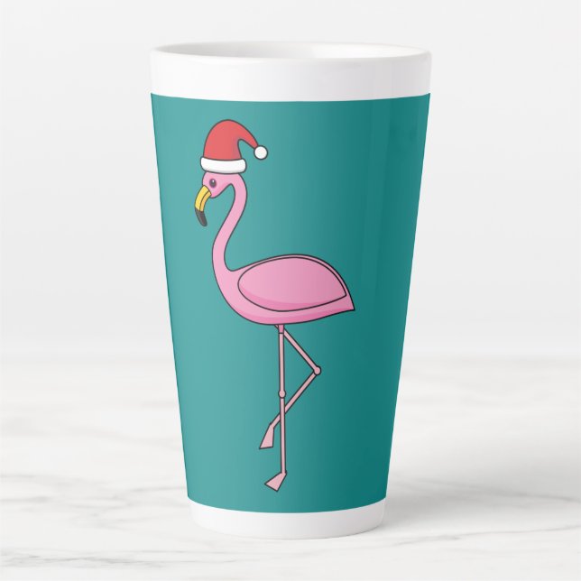 Tasse Latte Flamant rose de Noël avec chapeau de Père Noël (Devant)
