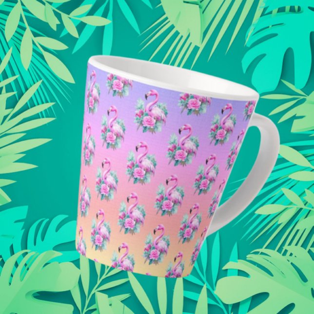 Tasse Latte Flamant rose rose couchant tropical (Small latte mug, tropical sunset and flamingos)
