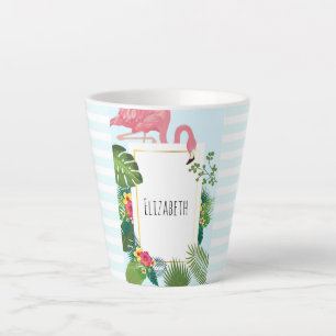 Tasse Latte Flamant rose rose élégant et Feuilles tropicaux