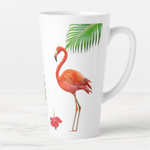 Tasse Latte Flamants roses, hibiscus et feuilles de palmiers